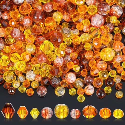 Landical 1215 Pcs Fall Thanksgiving Glass Beads Brown Orange Yellow Bicone Crystal Beads Faceted Design for DIY Jewelry Necklace Wristband Earring Mixed Shapes and Size