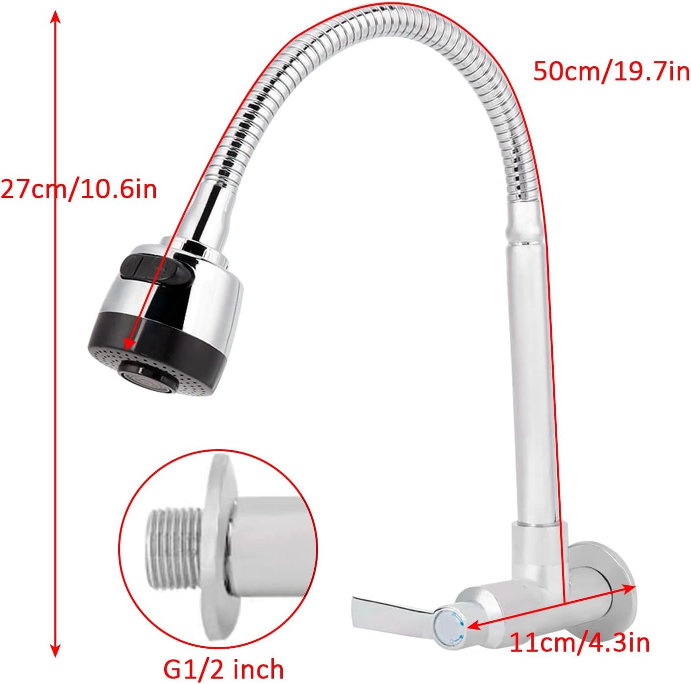 Grifo Cocina Fregadero De Pared Flexible, 360° Giratorio Grifo De Cocina Y BañO De Agua Fria Con 2 Tipos Aerosoles, Acero Inoxidable Monomando Grifo Para Fregadero De Cocina, Ahorro De Agua