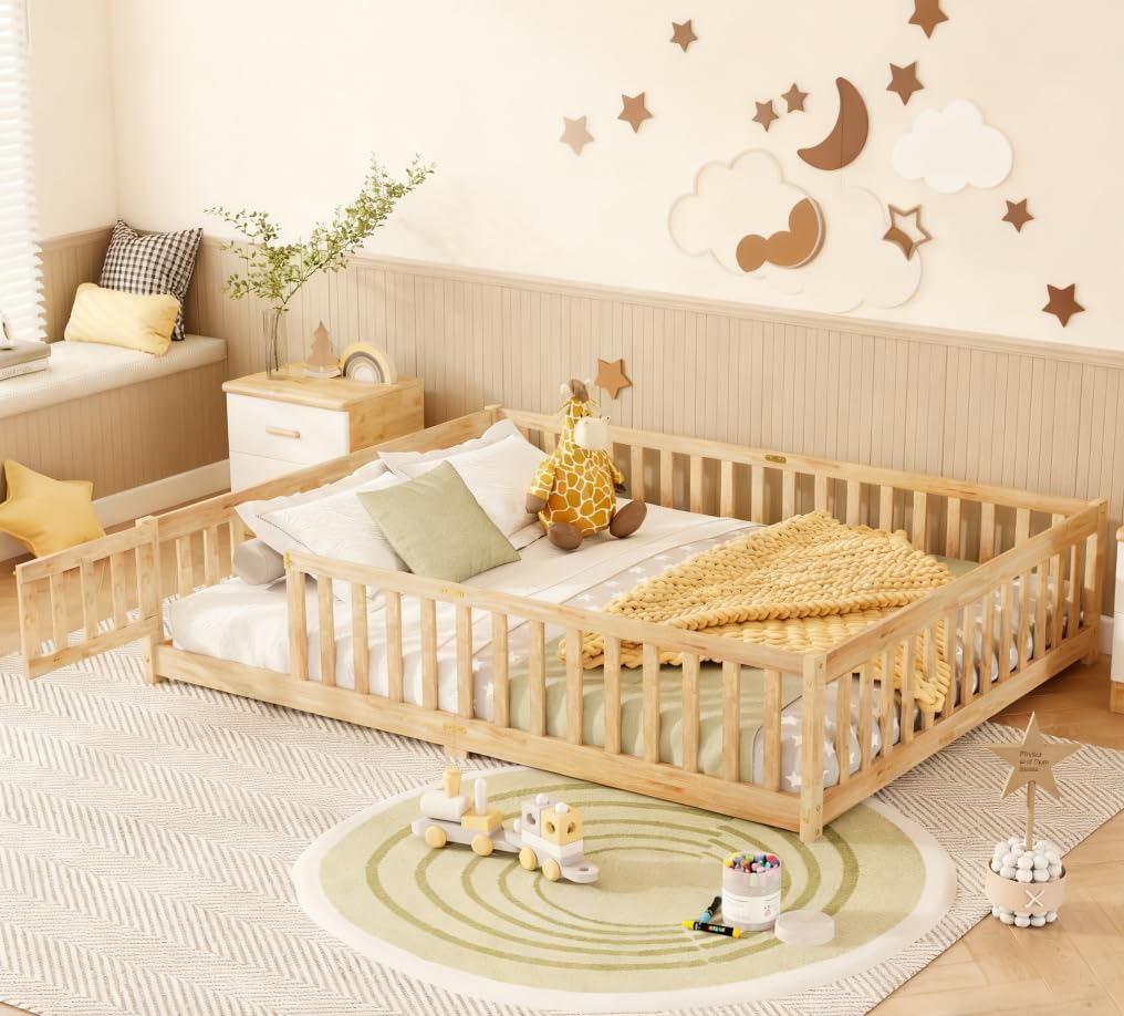 Bellemave Queen Size Floor Bed for Kids, Girls, Boys, Rubber Wood Floor Bed with slats and Door/Rails/Fence, Natural