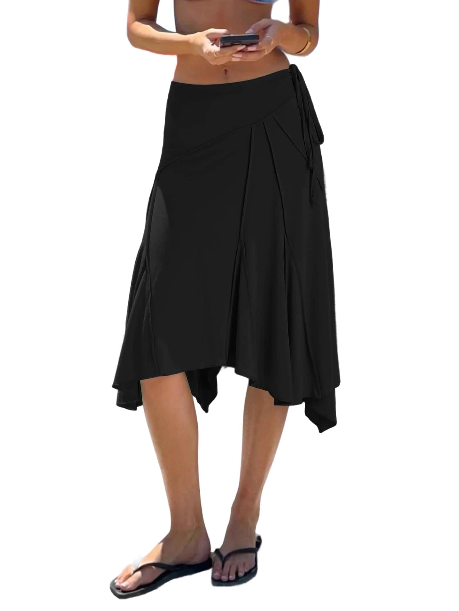 EMMIOL Women's Midi Skirt Asymmetrical Flowy Long Handkerchief Hem Midi Knee length, Low Rise Y2k, Not See Through, Summer Back to School Outfits, Ideal for Beach Vacation Casual Wear