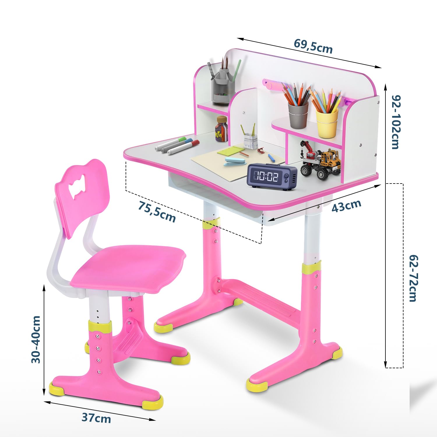 Kinderschreibtisch Set, höhenverstellbarer Kindertisch und Stuhl mit Schublade & Bücherständer, Kinder Schreibtisch für Jungs & Mädchen (Normales-Rosa)