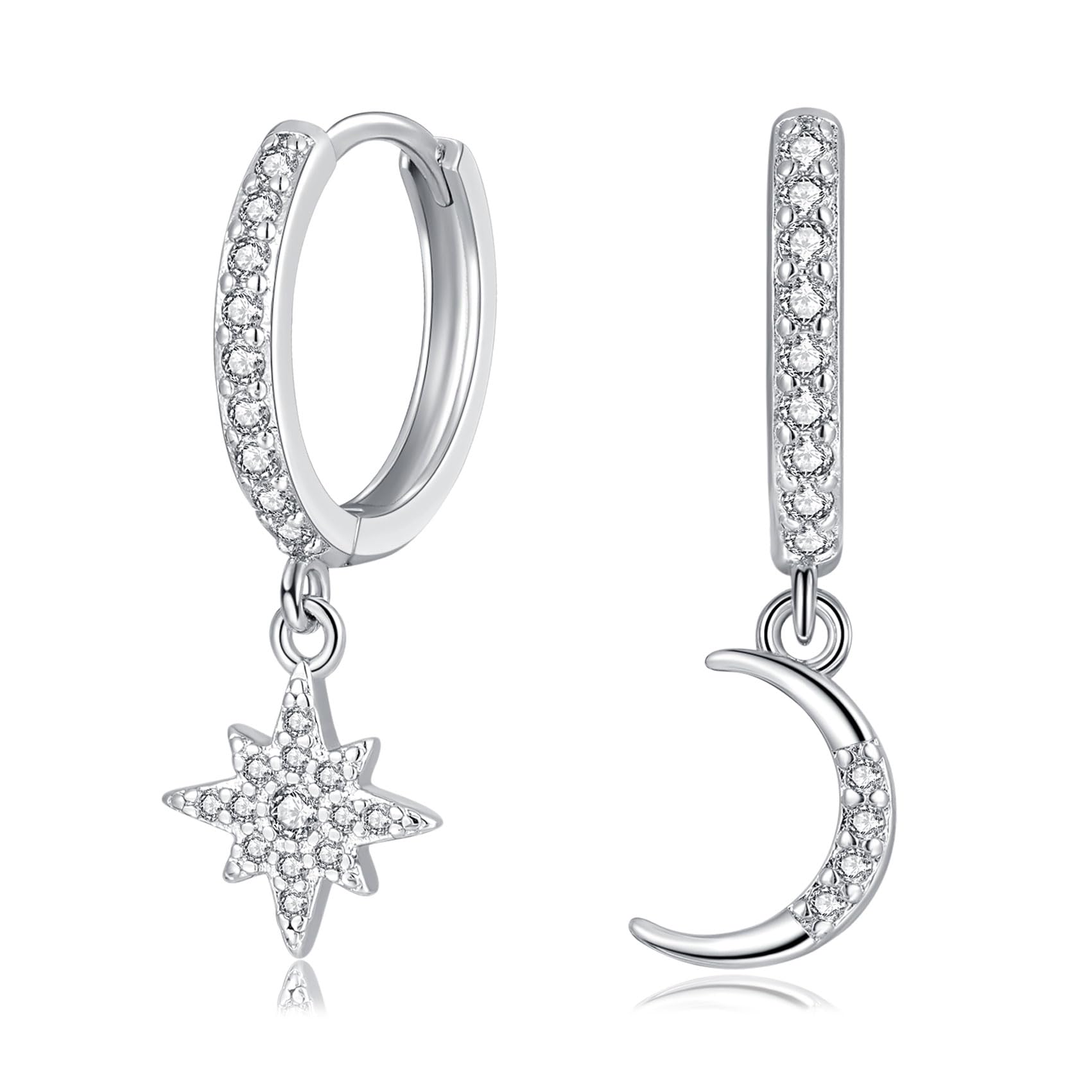 Sterling Silver Drop Hoop Earrings for Women - Moon Star Dangle CZ Huggie Cartilage Small Sleeper Earrings - Hypoallergenic