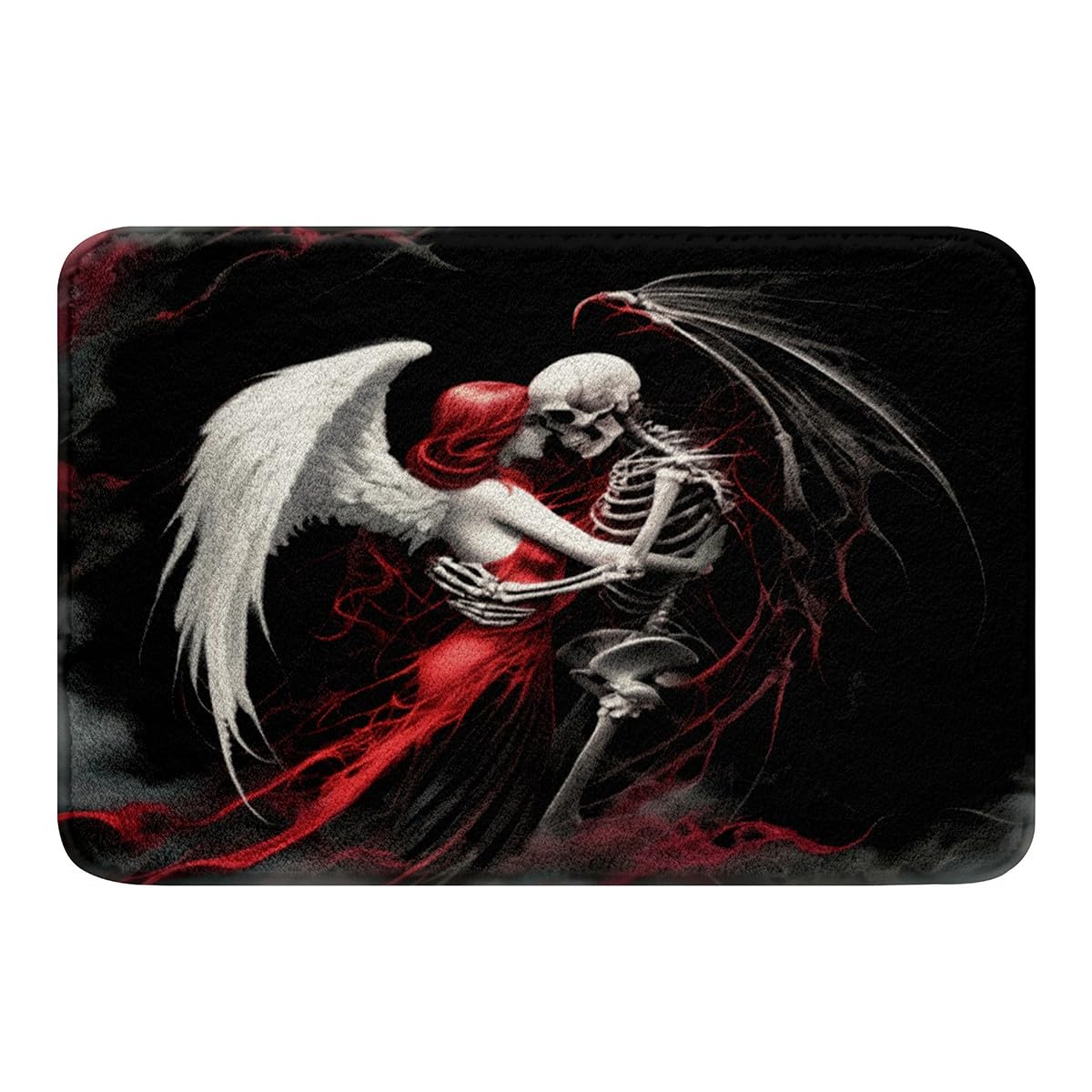 Erosebridal Gothic Skull Couple Door Mat 20"X32",Valentine's Day Bath Mat Non Slip Skull Skeleton Bathroom Rug Red Black Angel Skeleton Bath Rug for