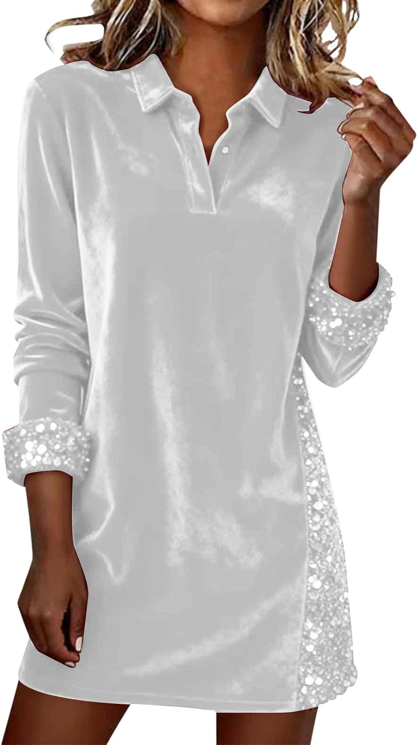 Women's Velvet Mini Dress Sequins Patchwork Long Sleeve Lapel Collar Business Casual Dresses Wedding Guest Clothes