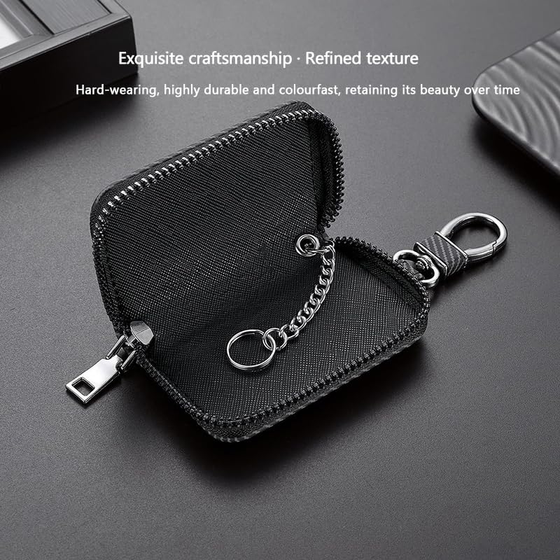 Étui Clé Voiture pour Ford Mustang Mach-E avec Fermeture Éclair Housse Protection Clé Simili Cuir Aspect Carbone Pochette Sacoche avec Mousqueton Métallique Anti Rayure