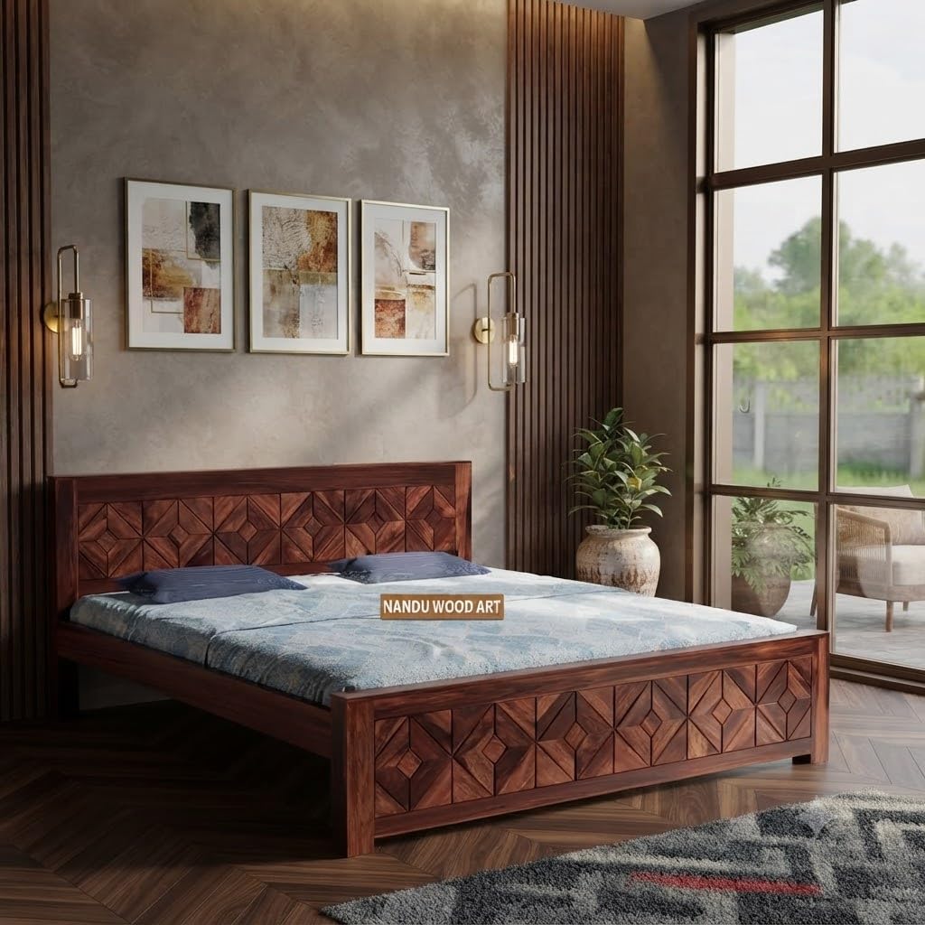 Sheesham Wood Queen Size Bed Without Storage Solid Wooden Bed Furniture Elegant and Functional Bedroom Living Room Home Palang-image-38