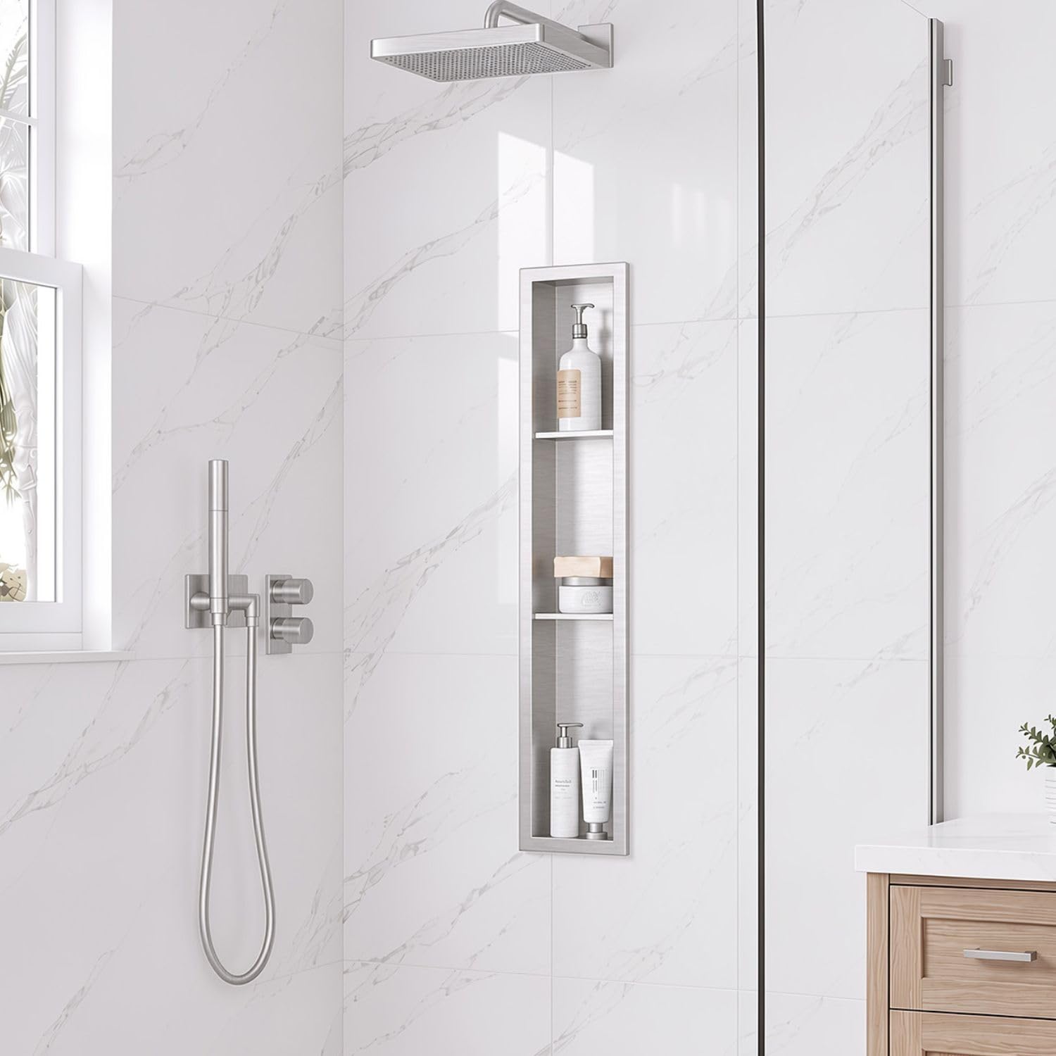 36 x 6 Inch Stainless Steel Shower Niche, No Tile Needed Wall Niche with 3- Tier Shelves, Recessed Wall Niche Insert for Bathroom Shower Kitchen Storage, Brushed Nickel