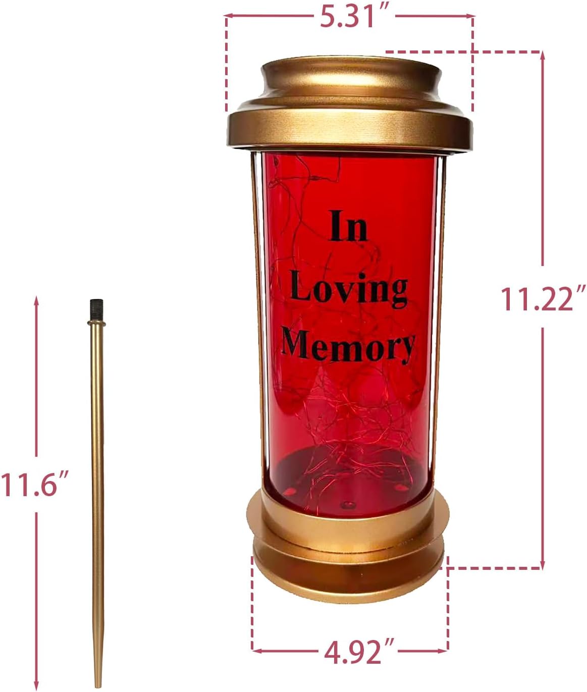 Gold Metal & Red Acrylic Outdoor Solar Candle Holders, Decorative Candle Lanterns with Long Ground Stake, Fall Solar Lights Outdoor Cemetery Lights for Grave, Grave Decorations for Cemetery