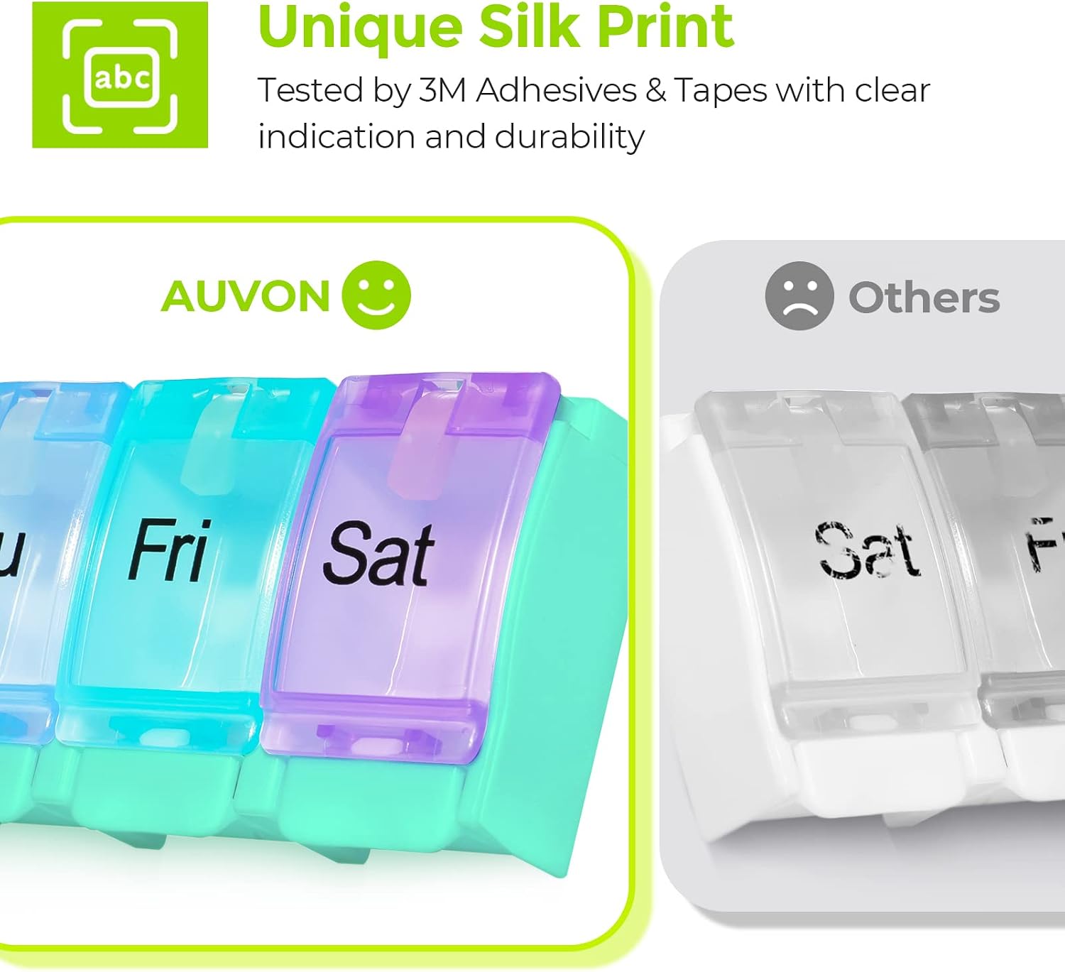 AUVON Weekly Pill Organizer Arthritis Friendly, 7 Day Pill Box Case with Spring Open Design and Large Compartment to Hold Vitamins, Cod Liver Oil, Supplements and Medication
