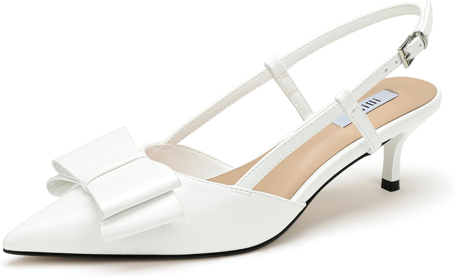 IDIFU IN2 Bow Slingback Heels Low Kitten Heels Closed Pointed Toe Pumps Low Heel Dress Pumps Shoes Buckle Strap Comfort Bridal Wedding Cute Party Prom Pumps