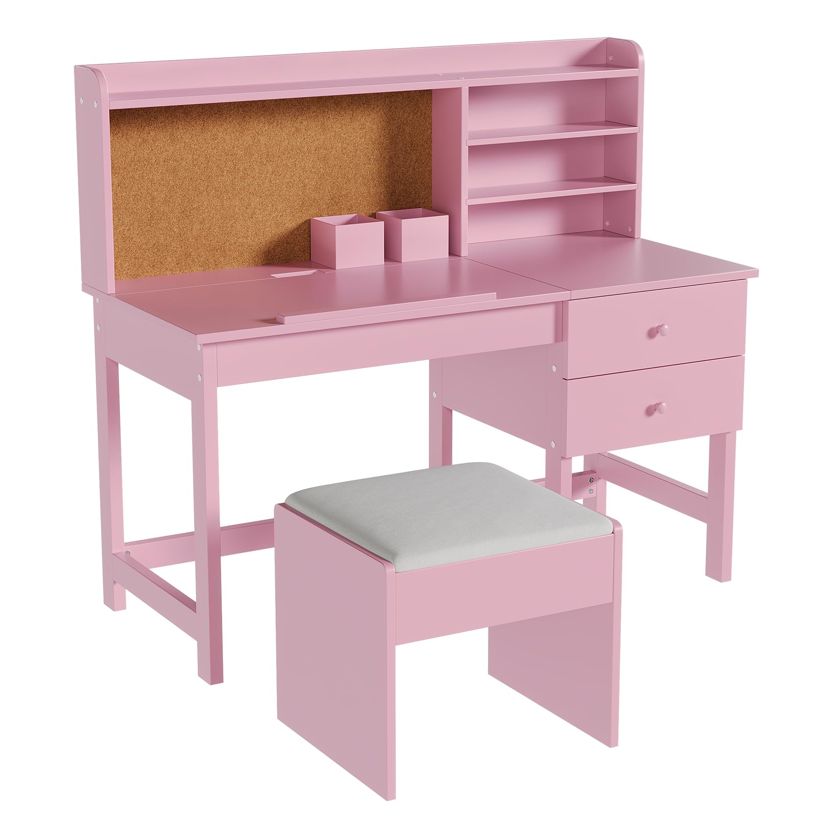 Garvee Kinderschreibtisch mit Hocker Set, Neigungsverstellbare Tischplatte 0-40°, Schreibtisch Kinder mit Pinnwand & 2 Schubladen, Rosa Lerntisch Mädchen für Schreiben Malen Lesen, MDF