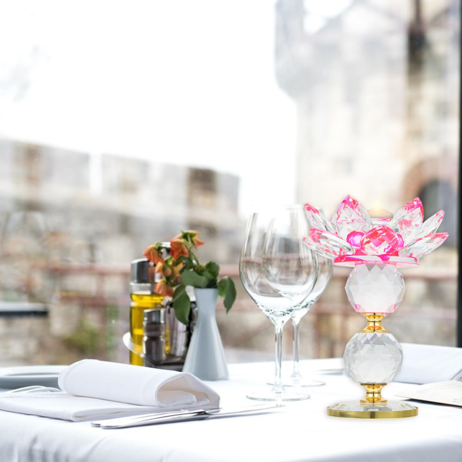 Candeliere di Loto in Vetro Cristallo Rosa Elegante per Decorazione Casa e Porta Candele Funzione Contenitore per Particelle di Cera per Ambienti Buddisti