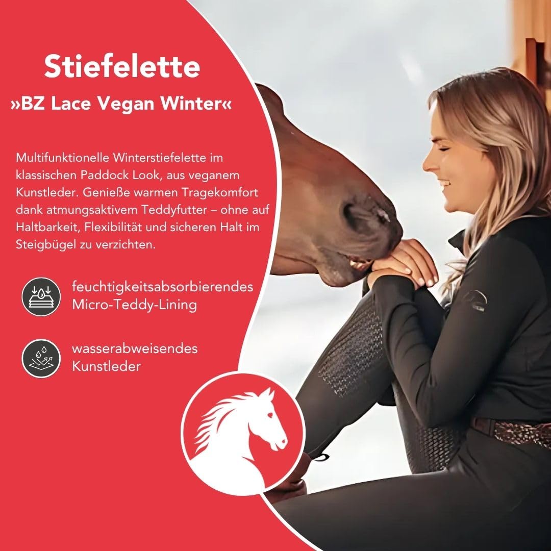 Vegane Reit-Stiefelette BZ LACE Winter« - Zip-Boot - Veganer Reit-Schlupf-Schuh - Komfortinnensohle - Schnürung - Teddyfutter - Hautverträglich - Atmungsaktiv