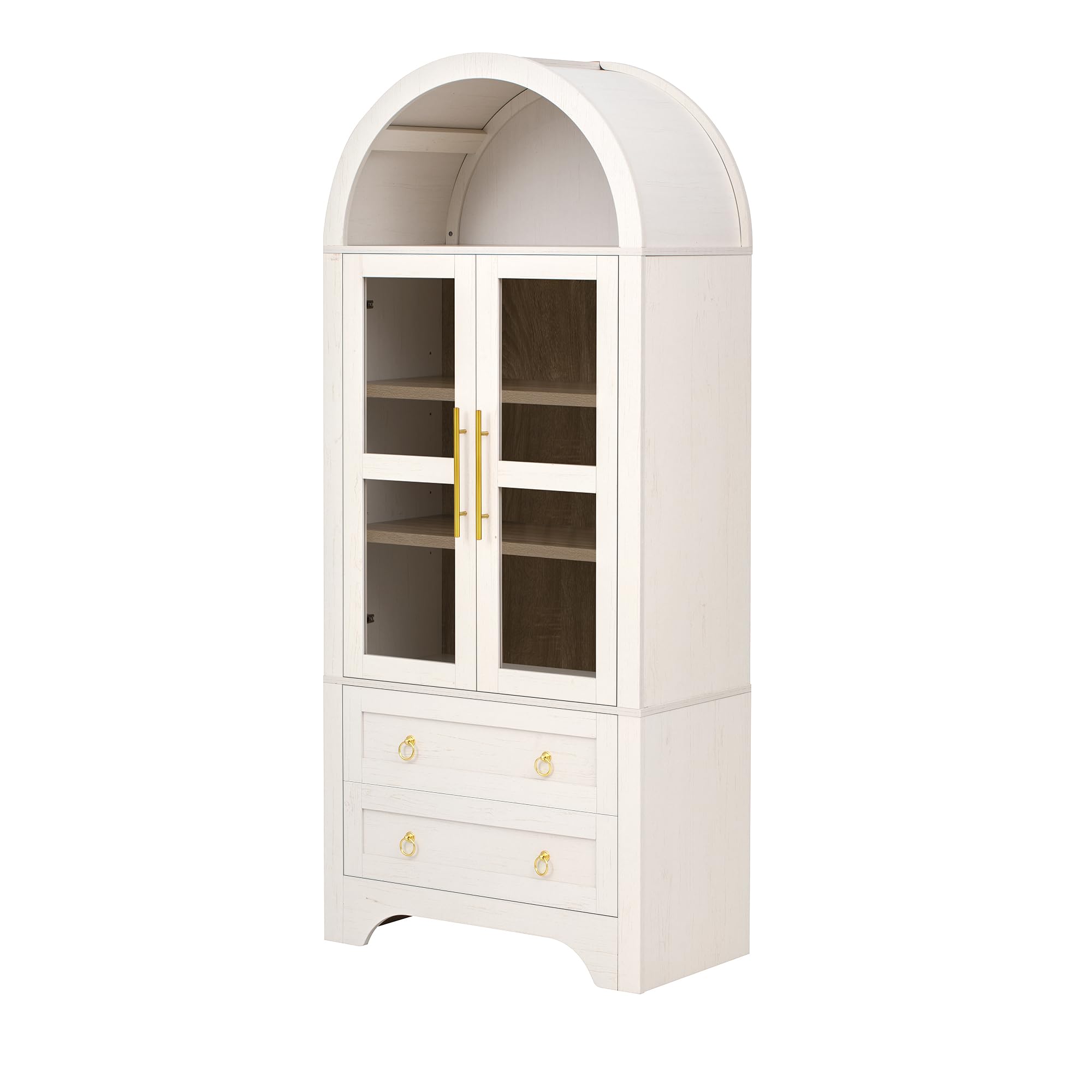 Armadietto da cucina con ante in vetro e cassetti, design ad arco, per soggiorno e sala da pranzo, 76,2 x 40,1 x 180 cm, bianco