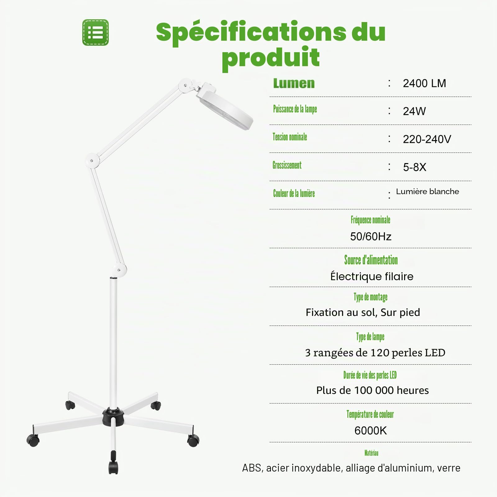 Lampe loupe LED avec grossissement 8X, 24 W, sur pied avec roulettes et bras pivotant, lampe grossissante avec 120 LED pour cosmétiques, salon de manucure, artisanat, électronique et lecture