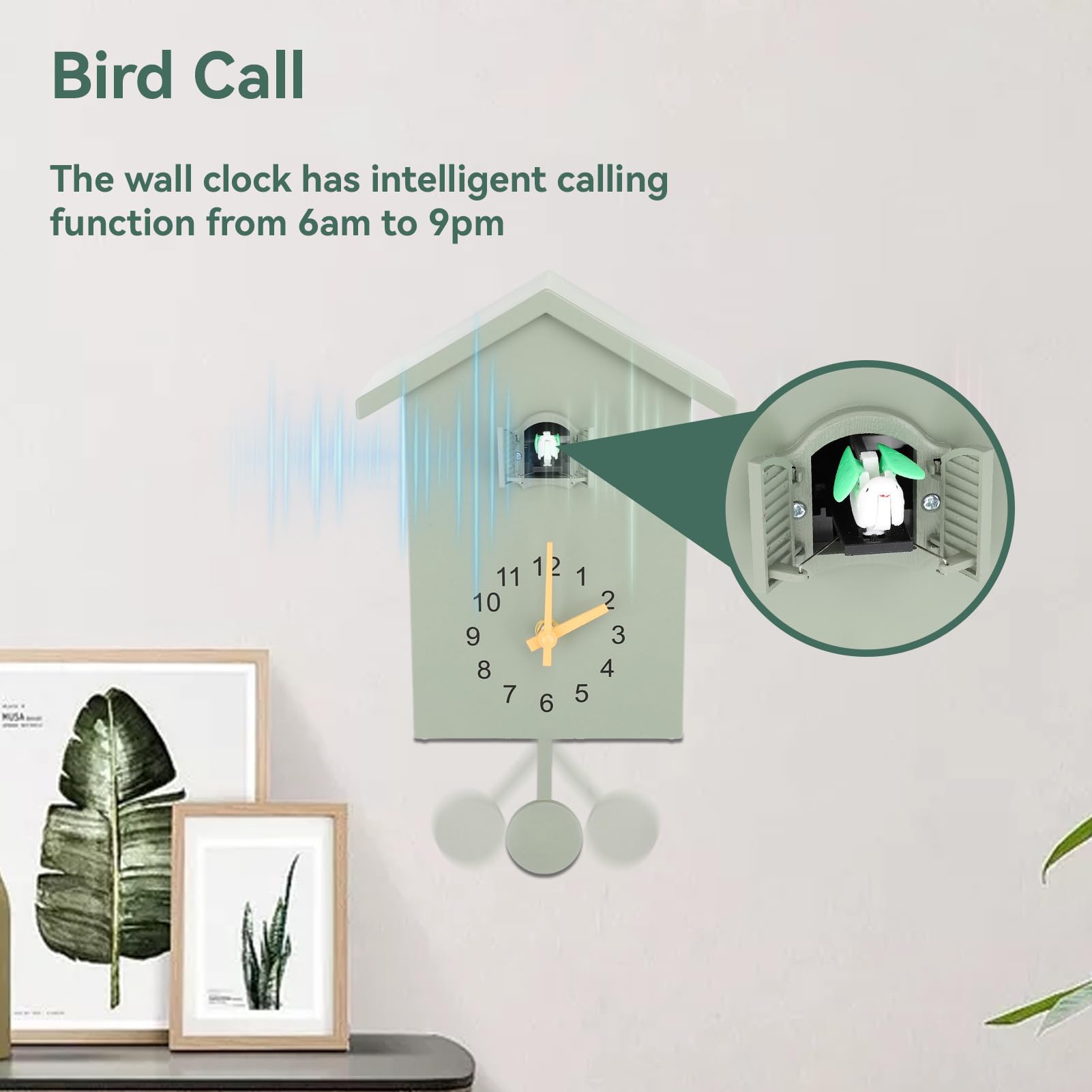 Horloge Murale À Coucou, Coucou Horloge Menthe Pendule Murale Originale Style Nordique avec Voix d'oiseaux, Pendule Suspendu, Horloge Coo Coo pour Art, Maison, Salon, Bureau