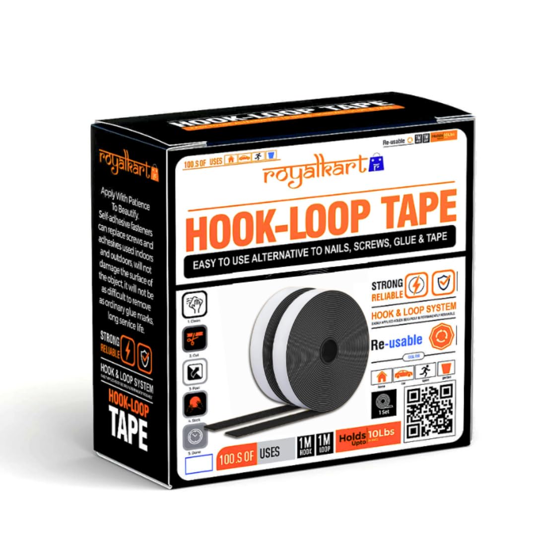 Royalkart Self Adhesive Hook and Loop Tape | Mounting Tape for Household Purposes,School,Office,Kids| (5m Hook + 5m Loop)(Black)