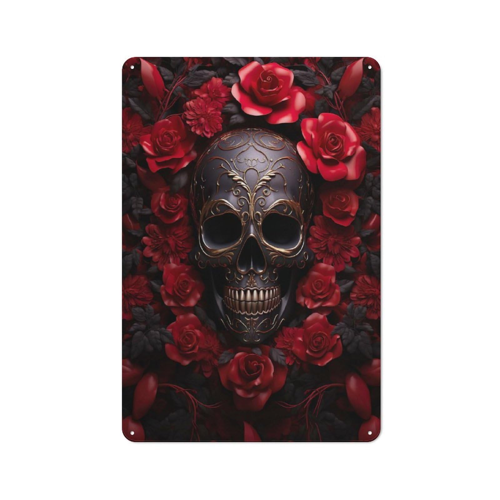 Junmoney Red Roses Skull Retro Metal Sign 30X20cm Featuring For Bar Or Restaurant, For Bar Decor Enthusiasts
