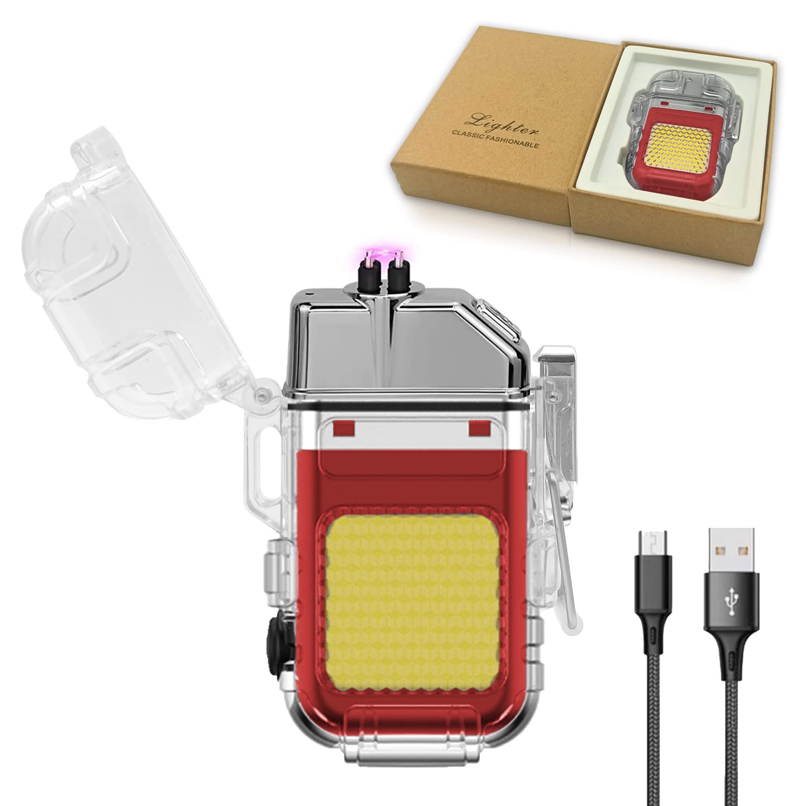 YOZWOO Electric Candle Lighter USB Type C Rechargeable Lighter Plasma Lighter Flameless Windproof Lighter No Butane Lighter with Outdoor Light for Camping, Hiking, Survival Tactical Gear (Red)