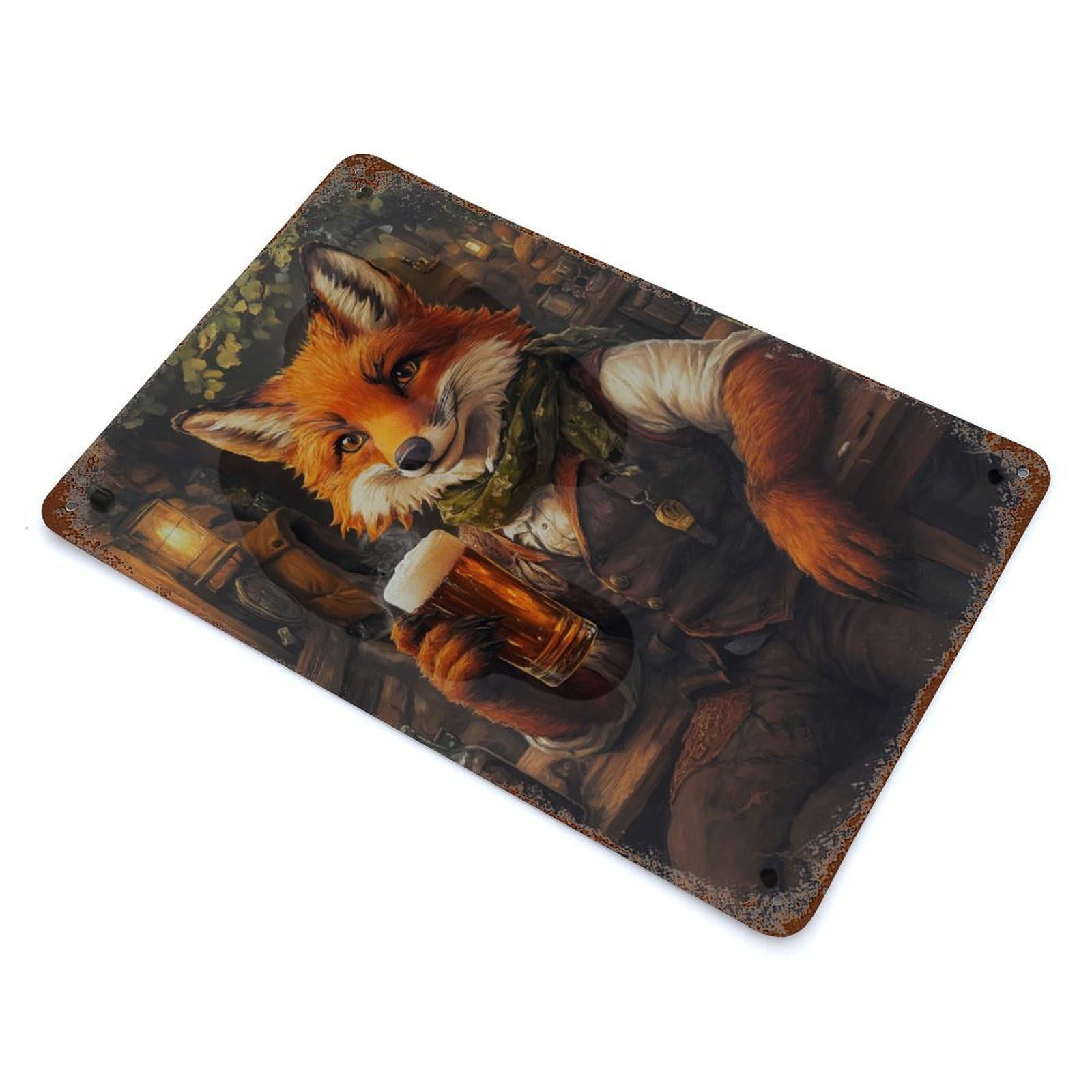 Fox with Beer in Tavern Rusty Metal Tin Sign 11.8"x7.9", Industrial Home Decor for Garage, Pub Or Kitchen