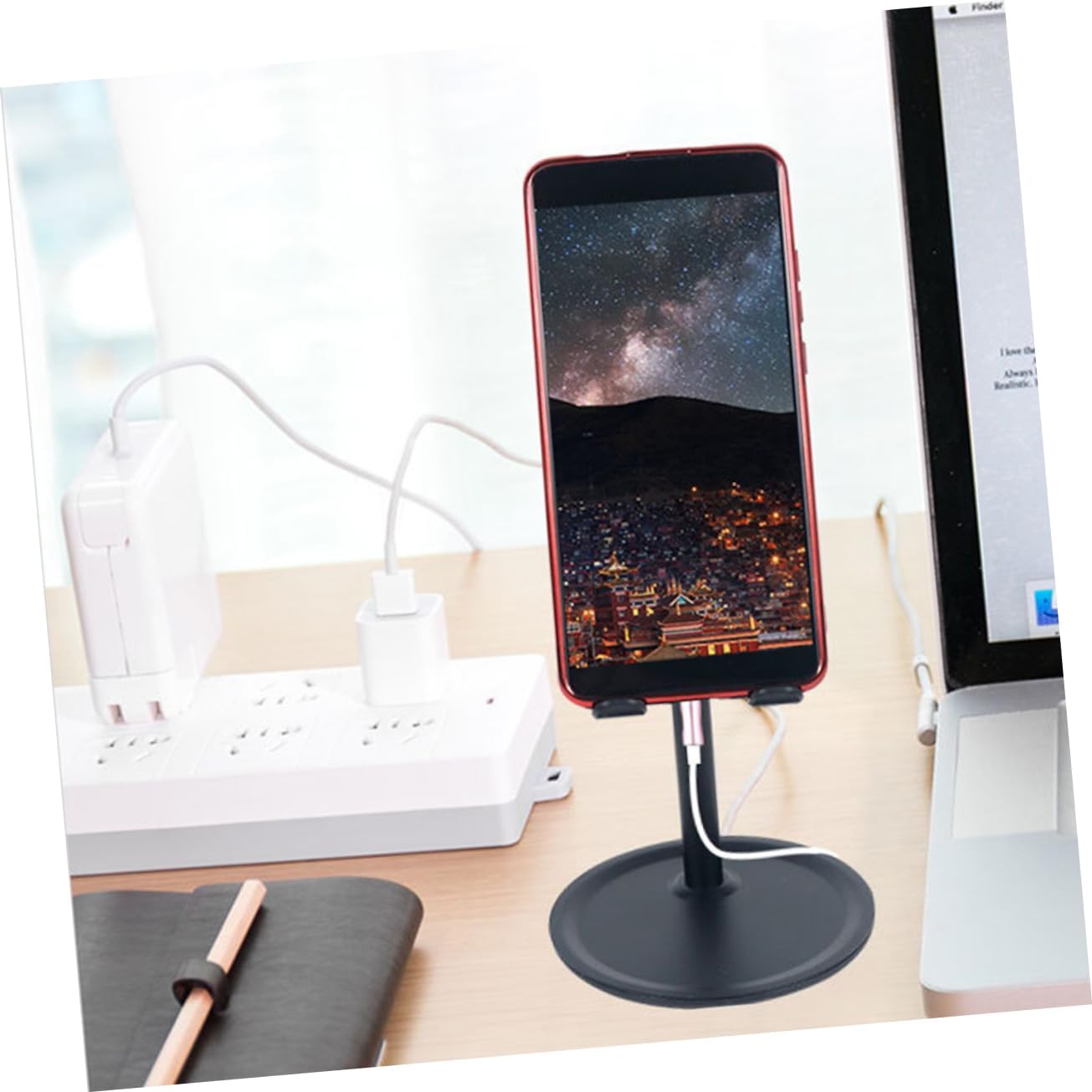 Angoily Aluminium Alloy Phone Bracket Adjustable Height Angle Anti-Slip Stand for Desktop Office Home Use Supporter for Video Watching Live Streaming Black