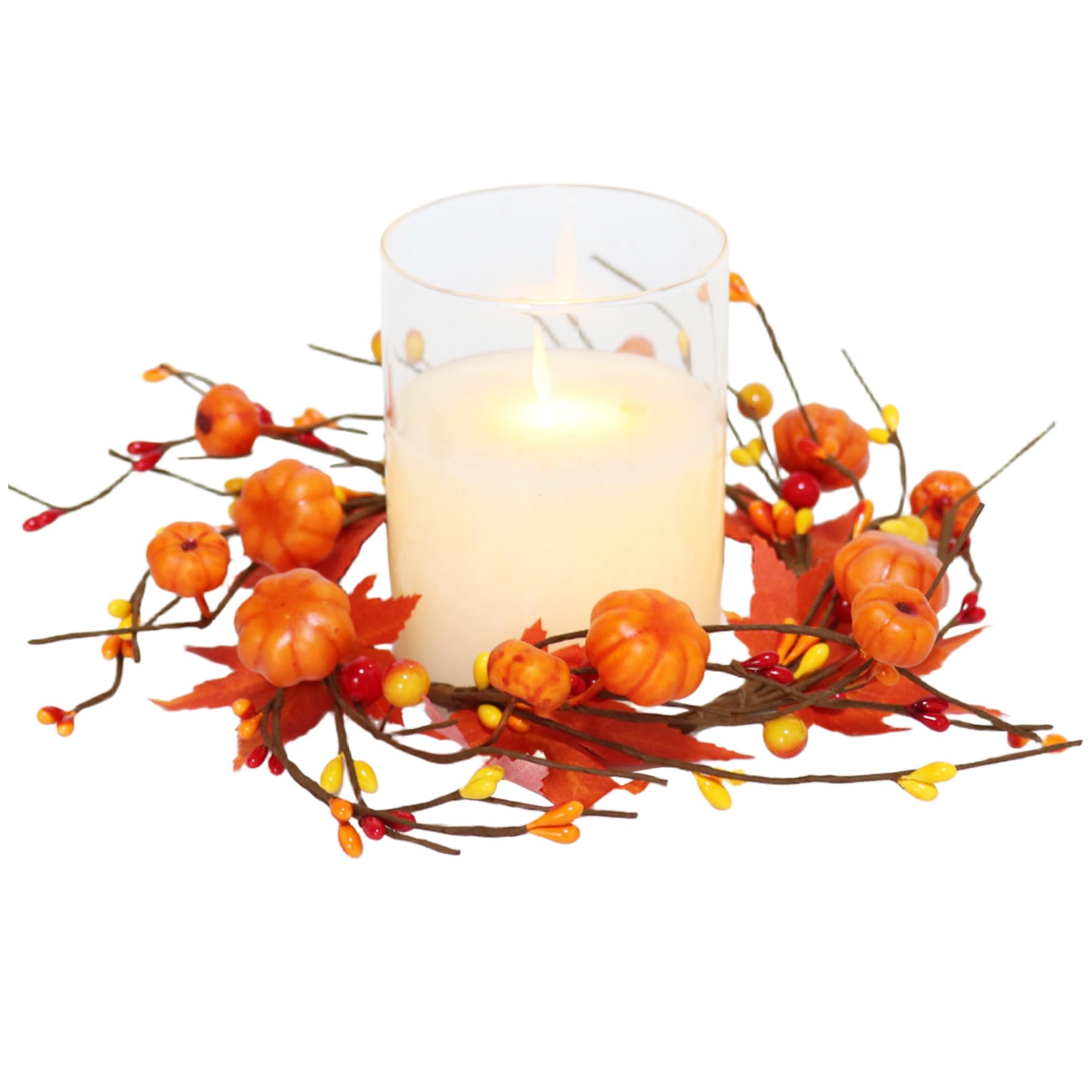 Fall Candle Rings 1pc, Maple Leaves & Pumpkin, 9.8in, Burnt Orange