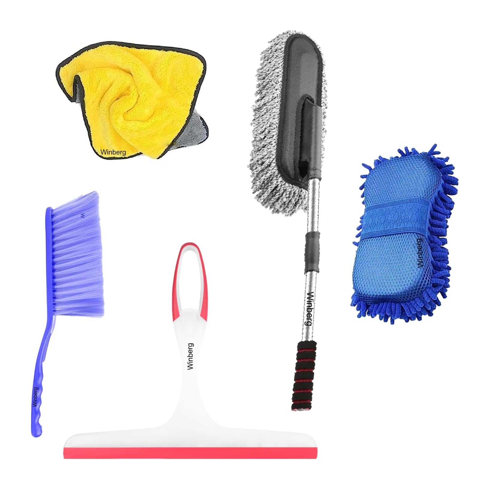 Winberg Car Cleaning Kit Pack of 5 Carpet Brush,Microfiber Duster,600 GSM Towel Glass Cleaning Wiper Sponge 04A-image-1