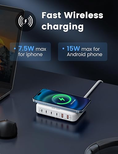 Miniatura 2 de Estación de carga USB de 100 W con cargador inalámbrico de 15 W, Marnana 6 en 1 múltiples puertos USB (2 puertos USB A y 4 puertos USB C) GaN