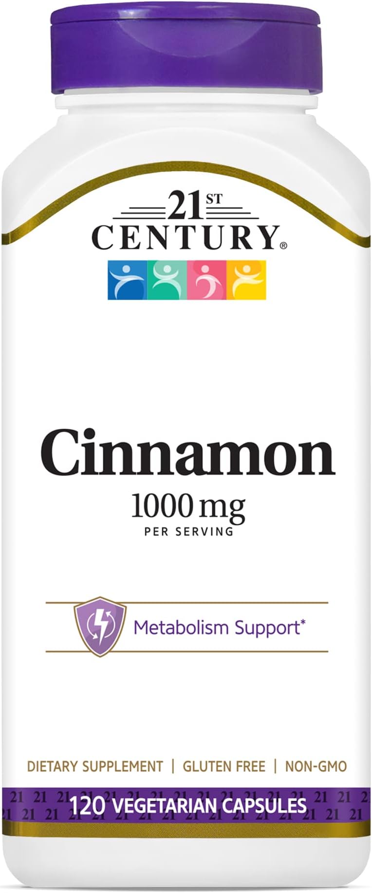 21st Century 1000 mg Cinnamon Vegetarian Capsules (120 Count), Cinnamon Supplements Supports Sugar Metabolism, Gluten-Free, Non-GMO, No Added Preservatives or Artificial Flavors