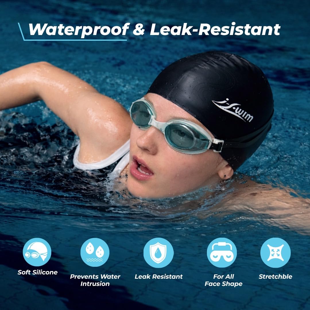 I-Swim Swimming Goggle and Cap Set | For Men & Women's | Material: Silicone | Protecting Hair from Chlorine | Anti-Fog, Leak-Proof Design with Comfortable Fit and UV Protection | Color: Black 2