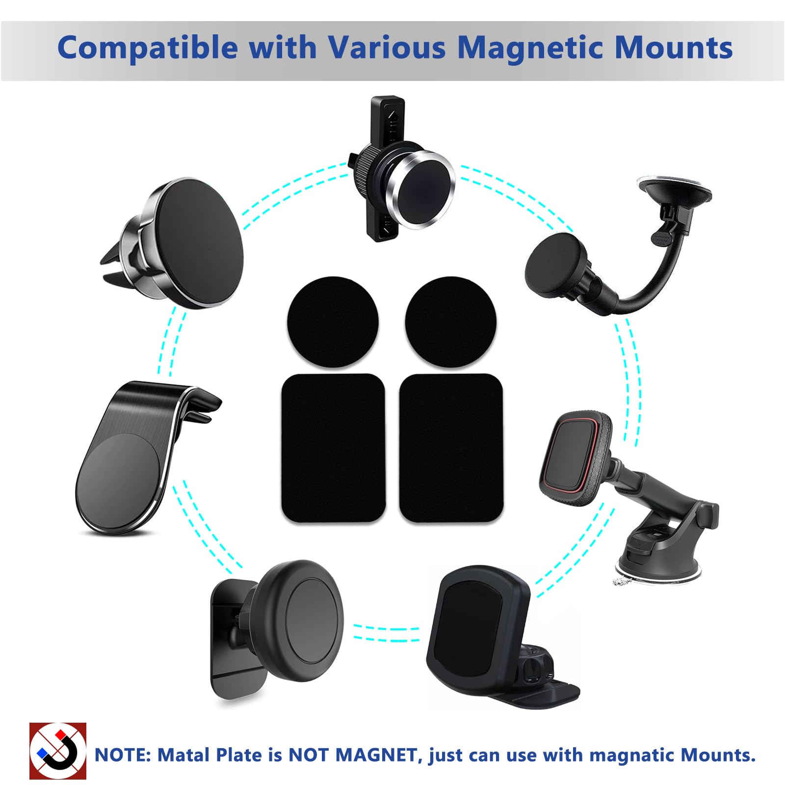 TENOC Placas de metal para montaje magnético para teléfono, accesorios de conversión de soporte magnético universal para coche, 4 unidades, color plateado