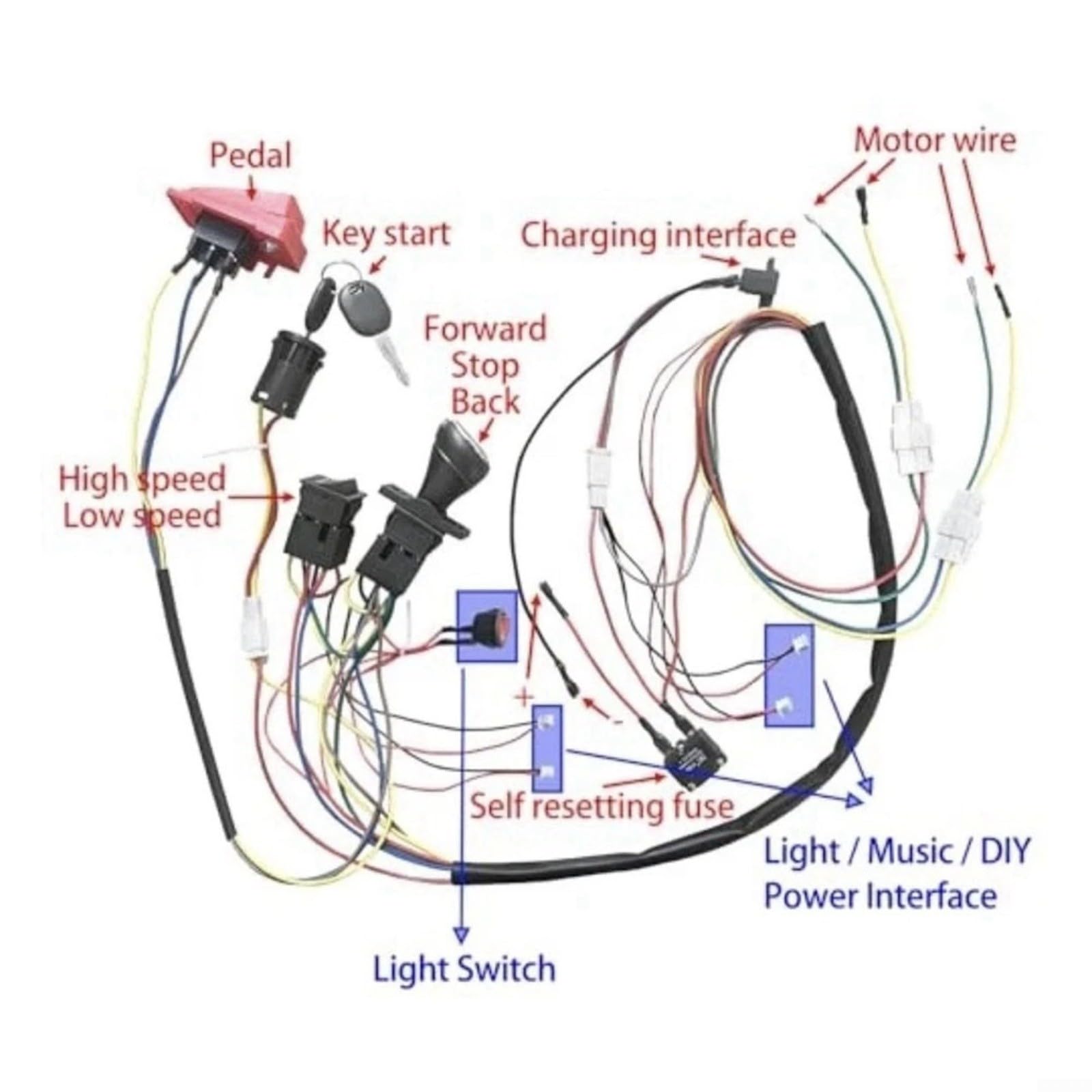 Kompletter Reparatur- Und Bausatz Mit 24V Kabelbaum Für Ferngesteuerte Kinder Elektroautos, Bestehend Aus Diversen Funktionsschaltern Und Zwei RS550 Getriebemotoren, Für Ideal Für Eigenbau, Umbau Oder