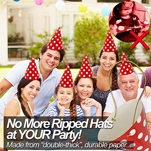 Kids Birthday Party Hats - Fully-Assembled CARDSTOCK - Red Paper Cones Polka Dot Hat
