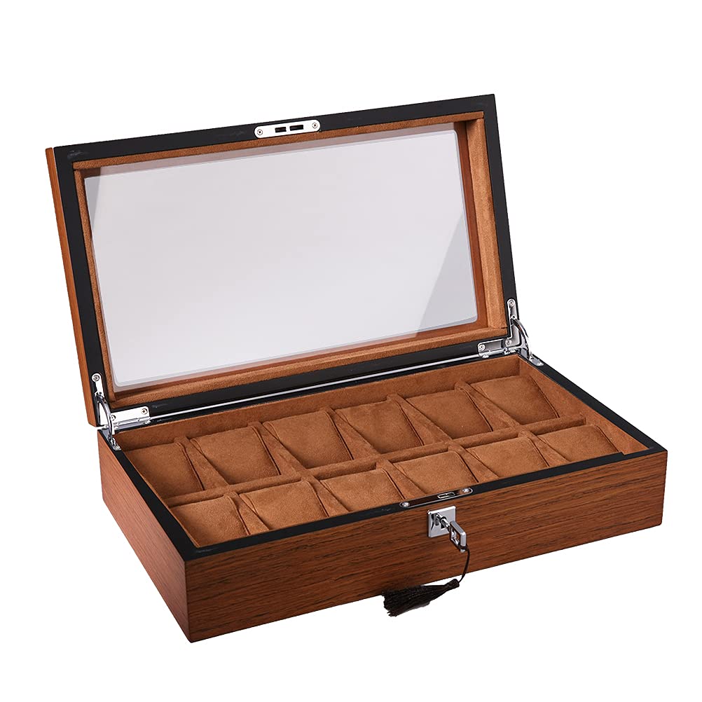 Uhrenbox aus Holz für 12 Uhren, abschließbare Uhrenbox mit Glasdeckel, abnehmbares Uhrenkissen, Uhren-Schmuck-Aufbewahrungsbox für Männer und Frauen