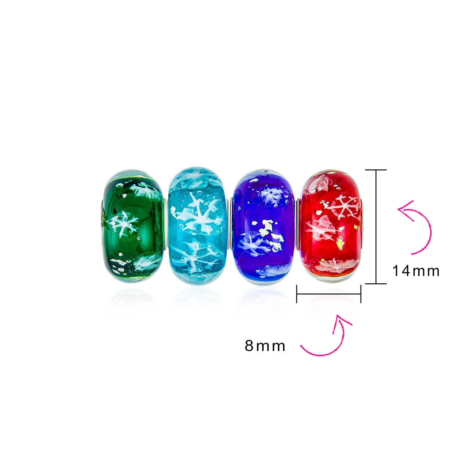 Bling Jewelry Fiocco Di Neve Di Natale In Vetro Di Murano, Mix Di 4 Perline Spaziatori In Argento Sterling, Adatte Al Braccialetto Con Ciondolo Europeo Per Donne E Ragazze Adolescenti