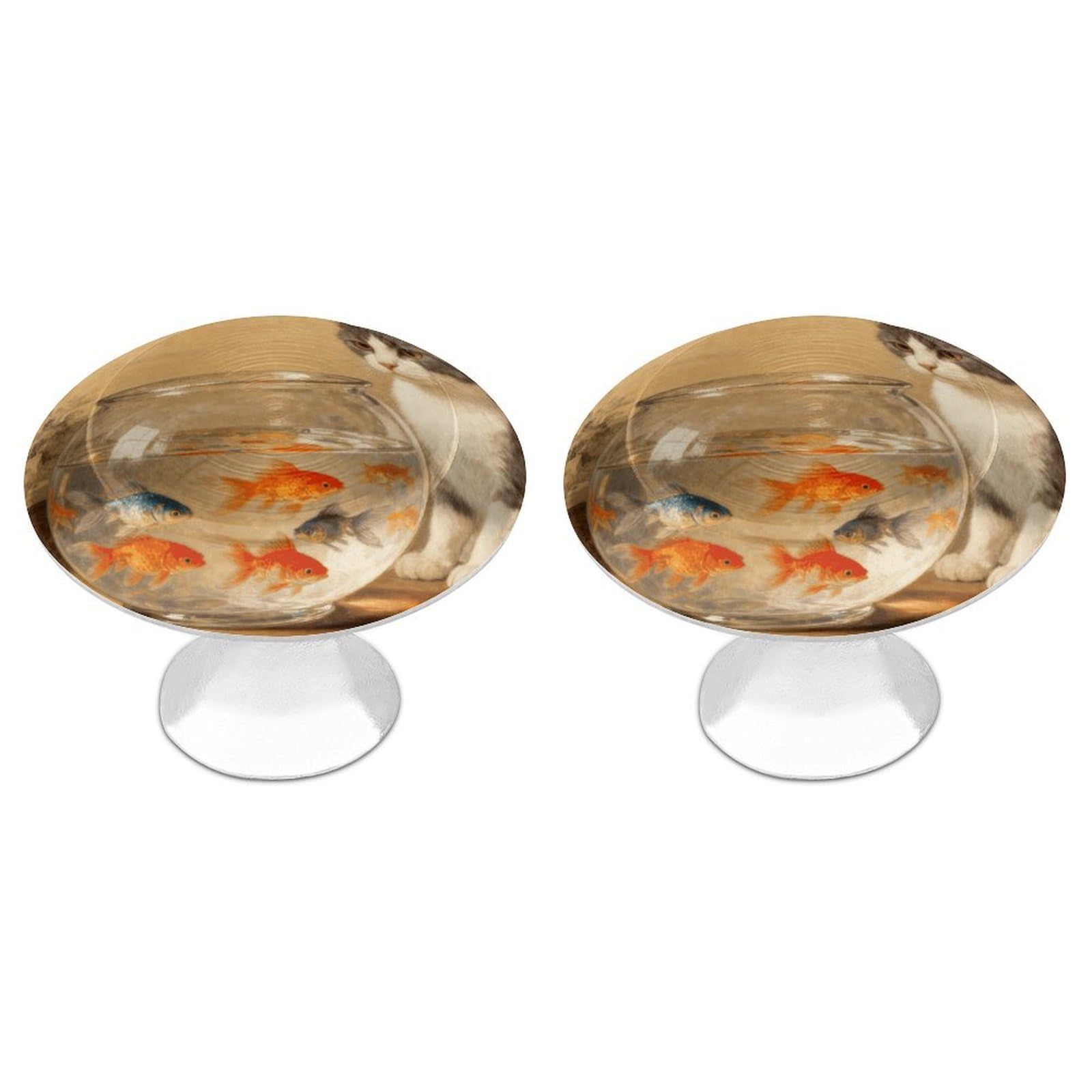 DWVTSLH Cat and Fish Bowl Cabinet Handles 2 Pack Stainless Steel Kitchen Drawer Pulls with Installation Screws Round Dresser Drawer Knobs 1.1 Inch Modern Cabinet Hardware Door Handles
