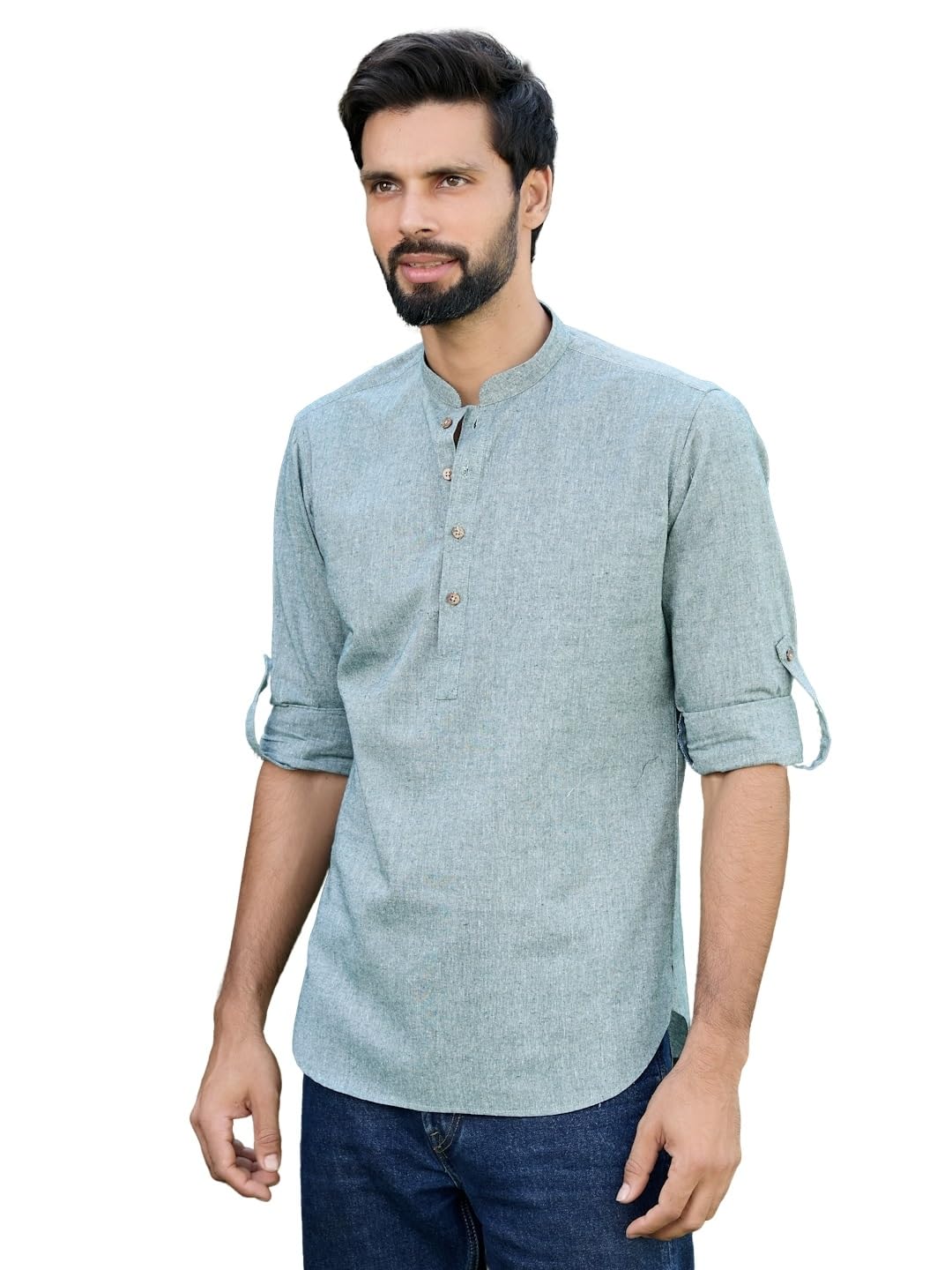 See Designs Men's Roll-Up Sleeve Mandarin Collar Men Green Pure Cotton Short Kurta - Sdkt2968S