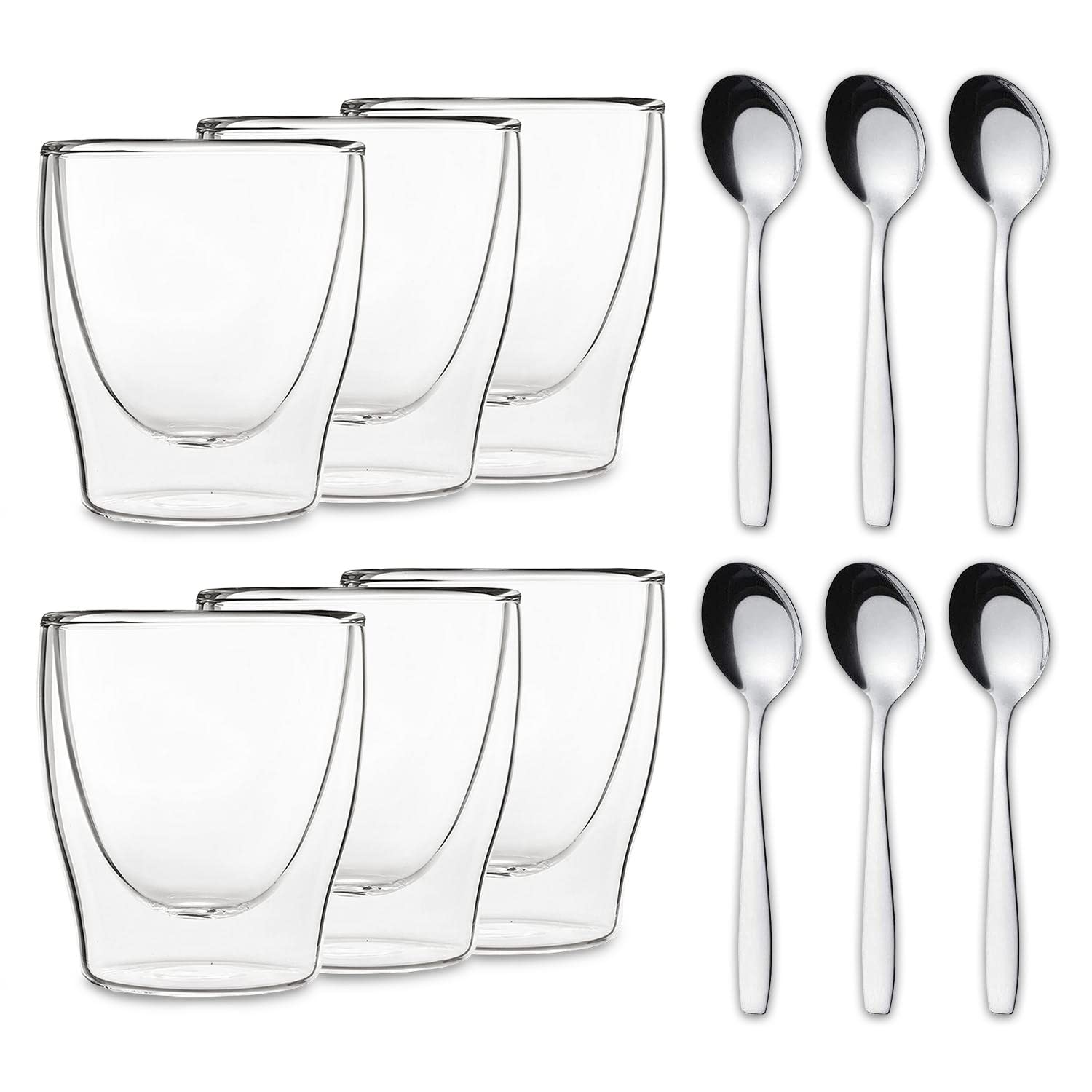 DUOS® Latte Macchiato Gläser Doppelwandig 6x 200ml + Löffel Cappuccino Tassen Eiskaffee Gläser Kaffeegläser