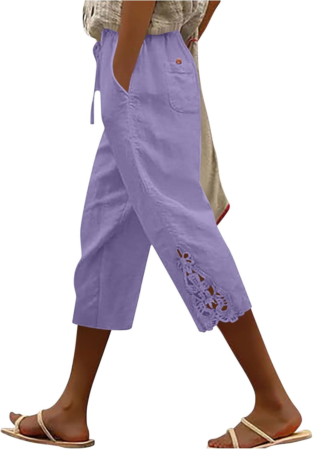 Womens Cotton Linen Capri Pants with Lace Trim Casual Summer Lightweight Drawstring Elastic Waist Pants with Pocket