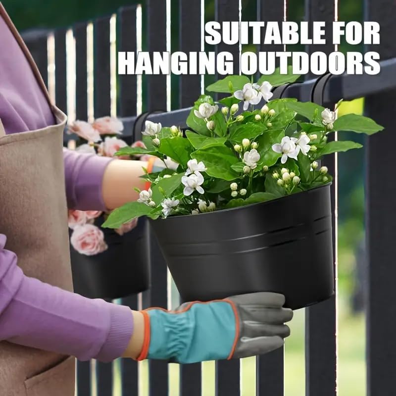 Image of SUNBIRD Black Oval Railing Planters for Balcony, Metal Hanging Flower Pots for Railing Planters for Outdoor Window Balcony Plants Holder with Hooks for Garden Yard Home Decor (Set of 1)