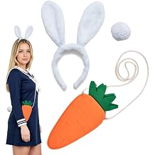 Kirei Sui White Bunny Ears Headband & Tail Costume, Carrot Accessories for Halloween Adults