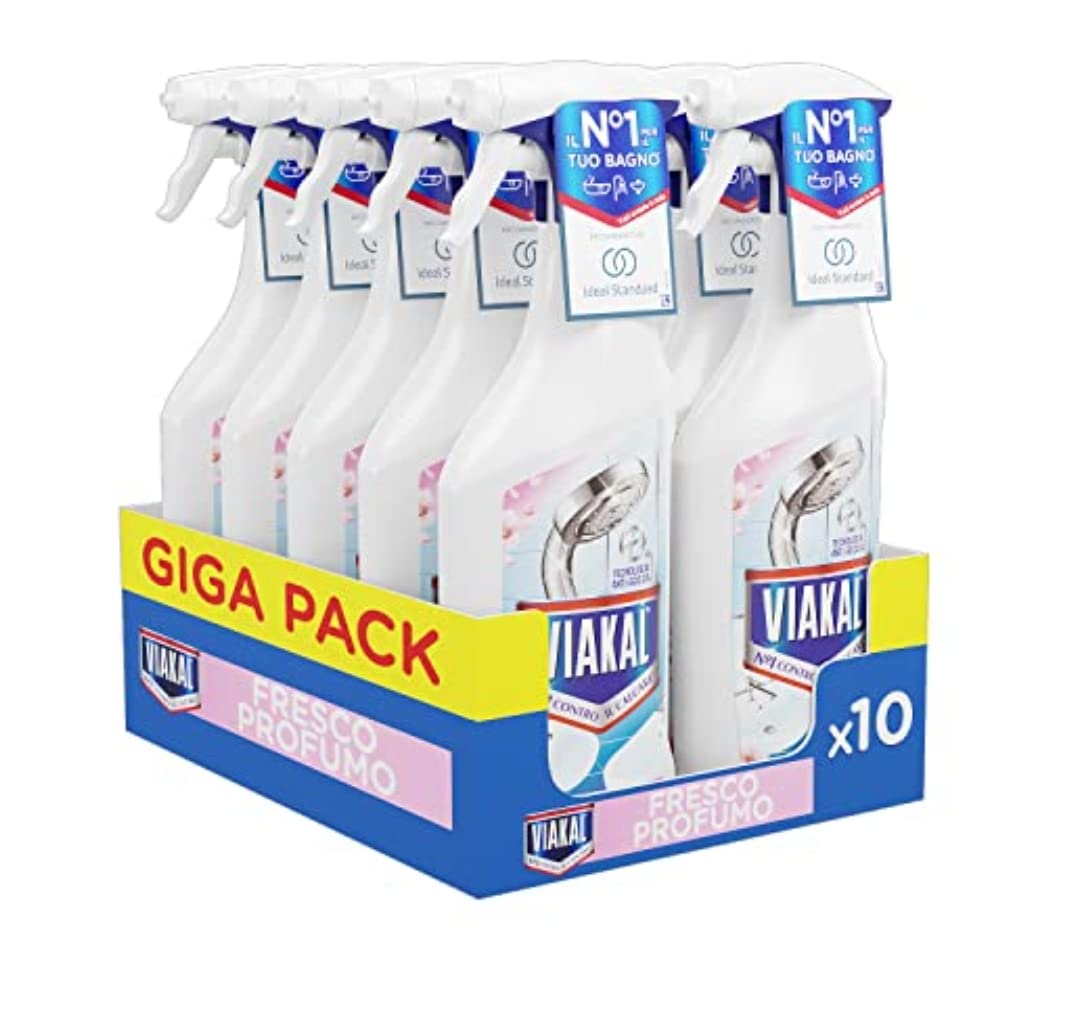Viakal Clásico baño antical Spray, tecnología antigoteo, elimina hasta el 100% de cal, combate los malos olores, paquete de 10 unidades x 500 ml
