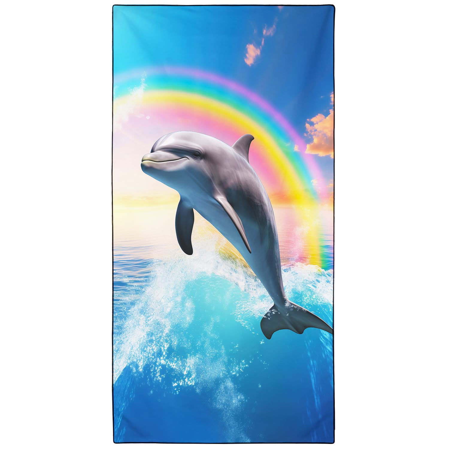 Violetpos Rainbow Dolphin Beach Towel, Extra Large 180x90 cm 250GSM Microfibre, Sand Free Quick Dry, Ideal Vacation Gifts with Carry Bag for Pool Cruise Camping