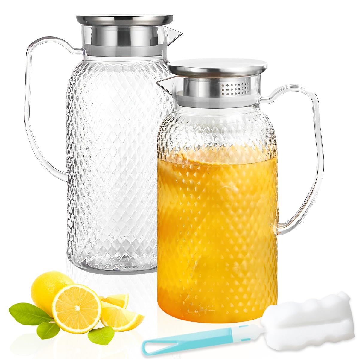 2L Brocca in Acrilico, TIE-DailyNec 2 Pack Brocca per Acqua in Plastica con Coperchio e Manico, Brocca di Succo Trasparente Senza BPA per Limonata, Latte, tè, Include 1 Pennello a Manico Lungo
