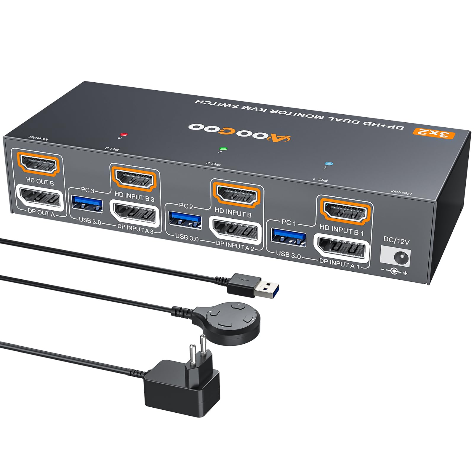 HDMI DP KVM Switch 8K@60Hz, Dual Monitore KVM Switches für 3 PC und 2 Monitor mit 4 USB 3.0 Häfen, Kabelfernbedienung, USB Kabel im Lieferumfang, Netzteil