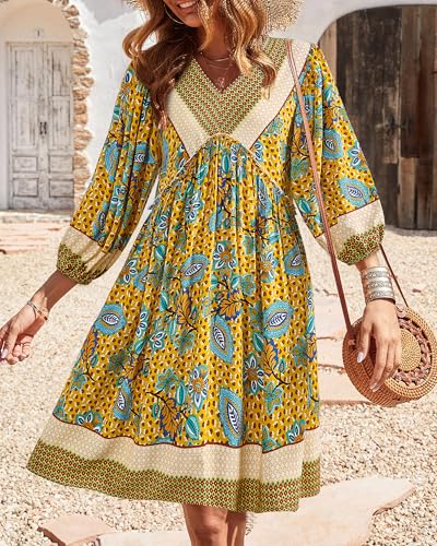 Image of BTFBM Women Casual Spring Summer Dresses V Neck 3 /4 Long Sleeve Ruffle Floral Flowy Boho Babydoll Mini Short Beach Dress
