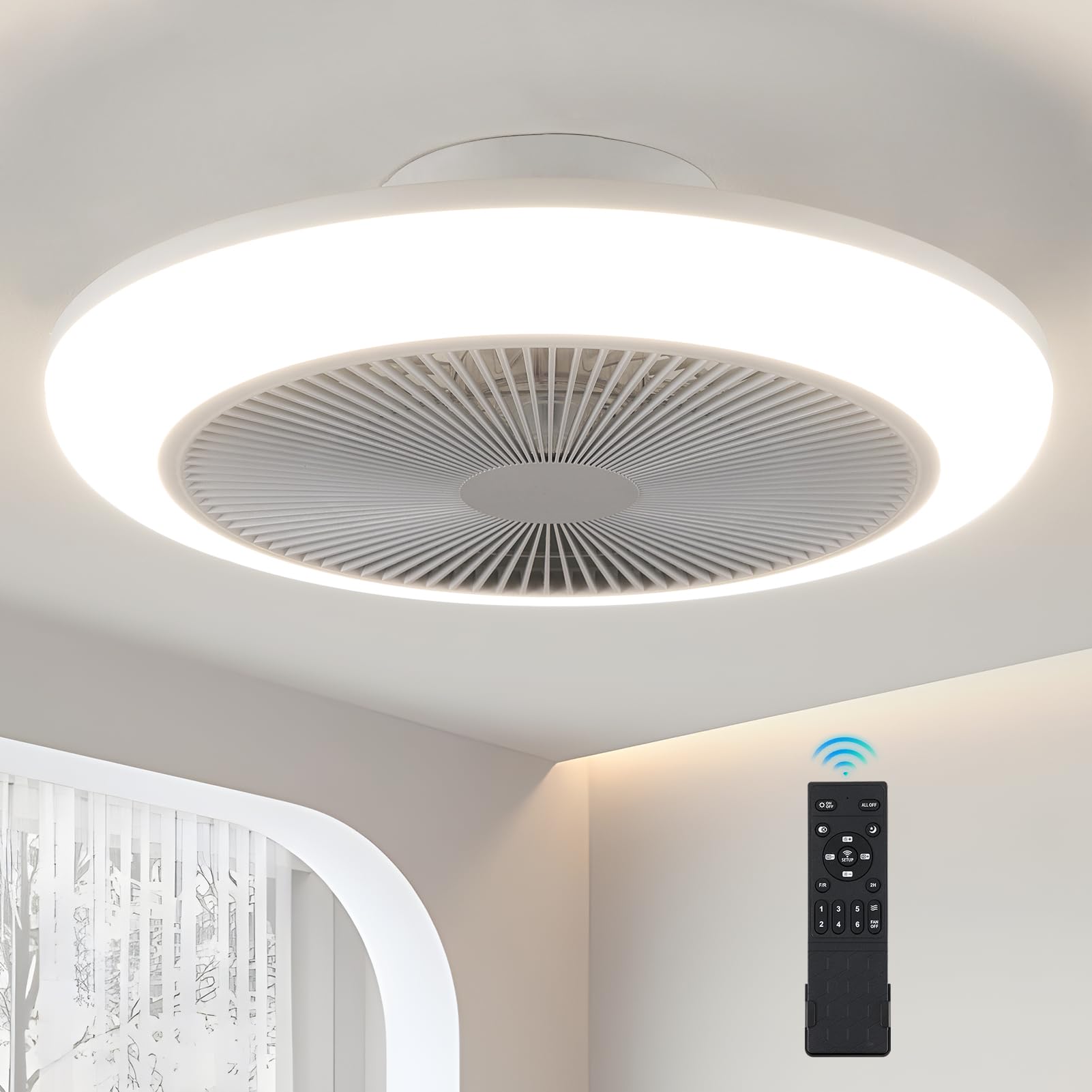HARPER LIVING Wentylator sufitowy z oświetleniem LED i pilotem zdalnego sterowania, 50 W, 4000 lm, ściemniana lampa, 3 kolory światła, 6 prędkości, timer, cichy, do salonu, sypialni, kuchni