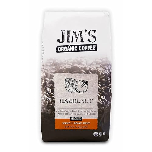 Jim's Organic Coffee Mezcla de sabor natural a avellana, tostado ligero, café molido, bolsa de 12 onzas