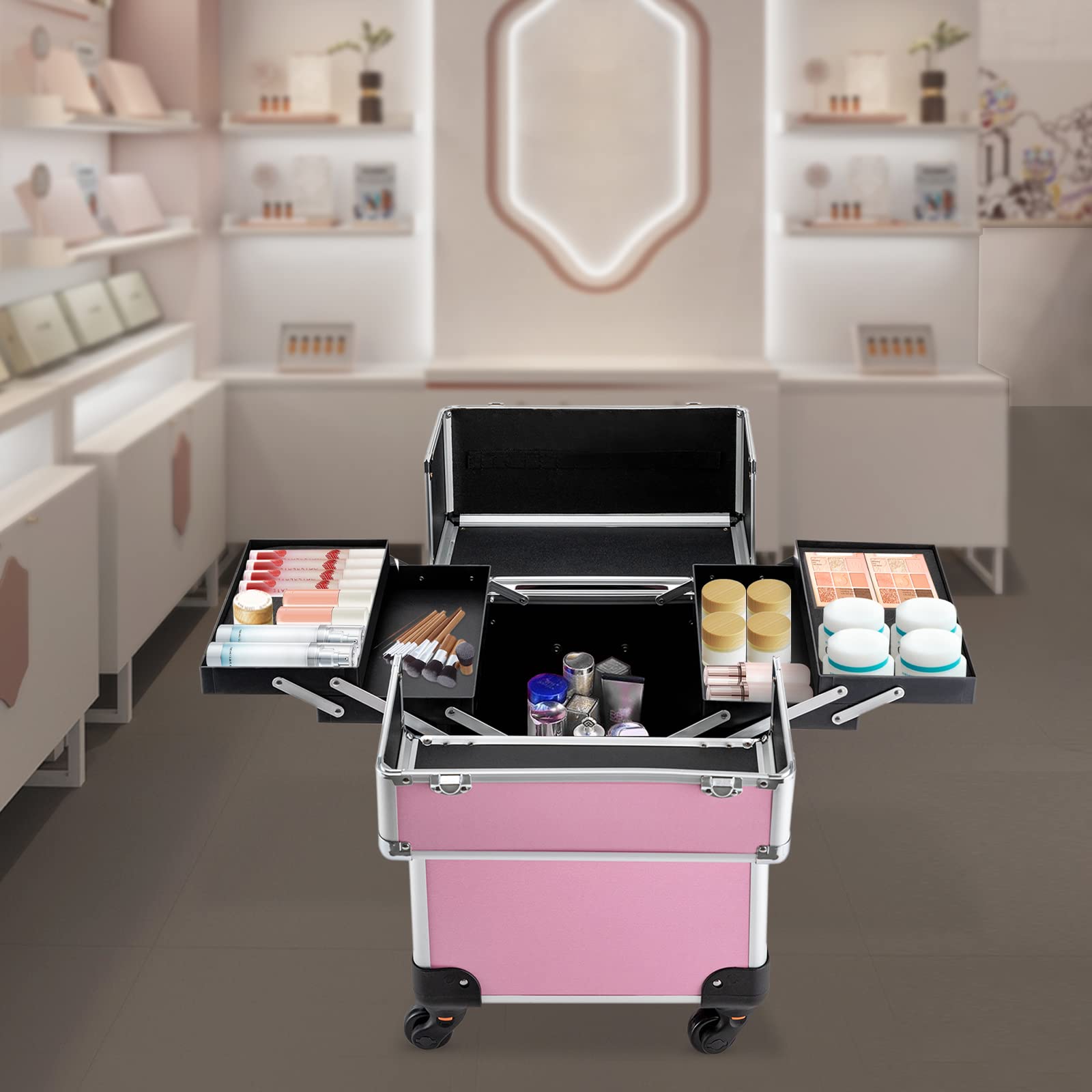 Kosmetikkoffer Damen Beautycase Makeup Koffer Trolley Schminkkoffer Reisen Friseurkoffer Mit Rollen Kosmetik Trolley Nageldesign Visagistenkoffer Nagelkoffer Beauty Case MäDchen (Pink)