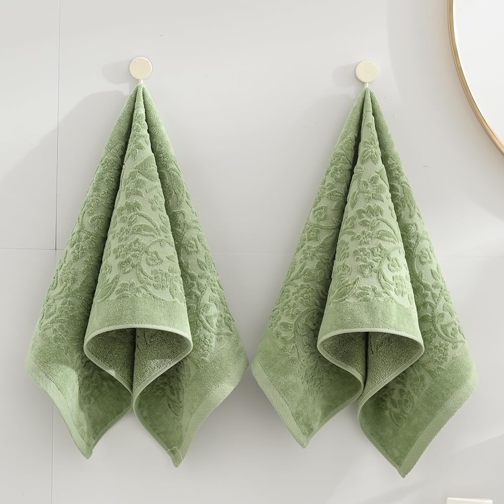 sense gnosis Green Hand Towel Set of 2 Full Embossed Velvet Floral Vine Pattern Super Soft 100% Cotton Highly Absorbent Decorative Jacquard Weave Hand Towels for Bathroom Home 13x 29 Inch - Image 4